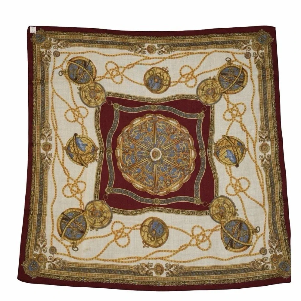 Vintage Italian Compass & Globe Square Scarf. Silk &‎ Wool 33.5